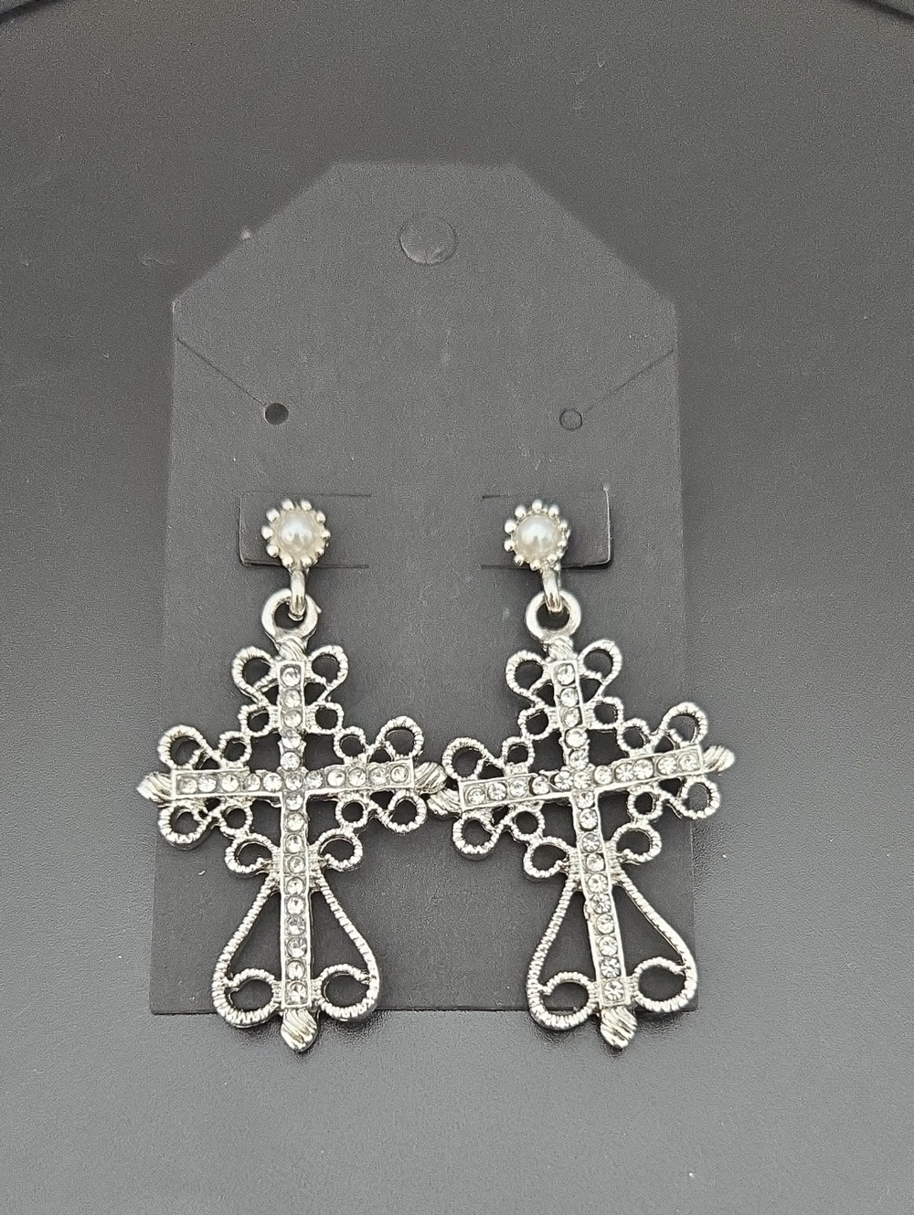 Silver Rhinestone Cross Drop Earrings - Women Jewelry